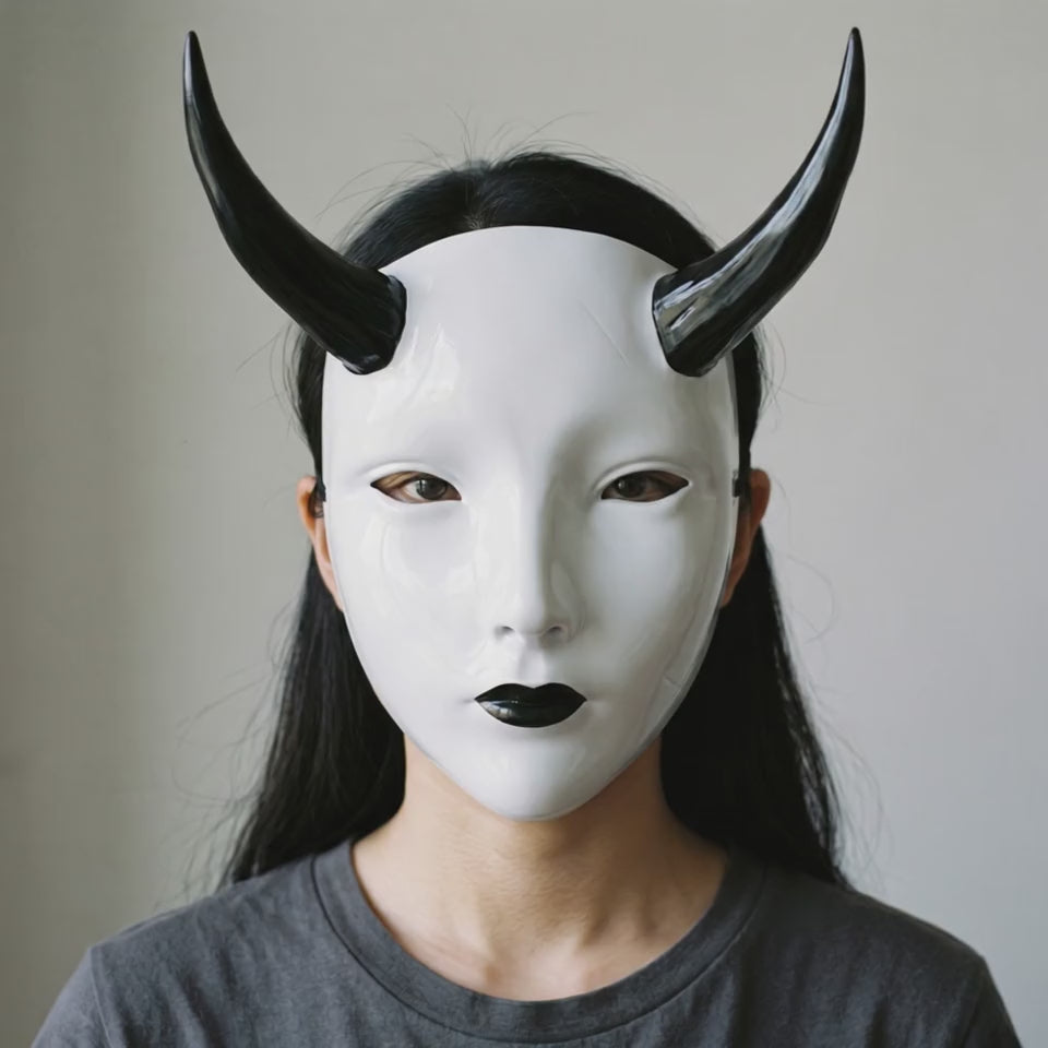 Geisha Japanese Mask With Horn - White/Black worn on a model