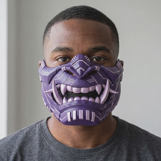 Cyber Oni Mask - Royal Purple / Lavender worn on a model
