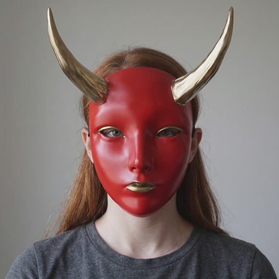 Geisha Japanese Mask With Horn - Red/Gold worn on a model