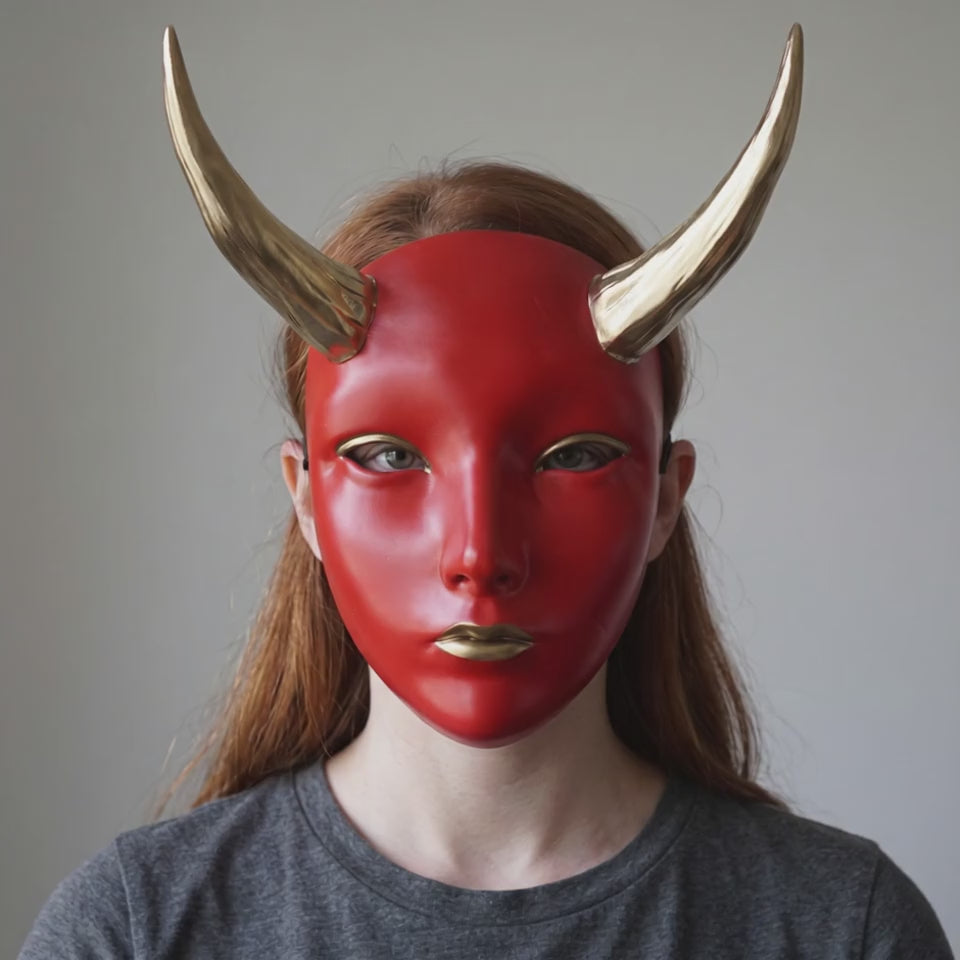 Geisha Japanese Mask With Horn - Red/Gold worn on a model
