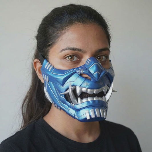 Cyber Oni Mask Metallic Blue worn on a model