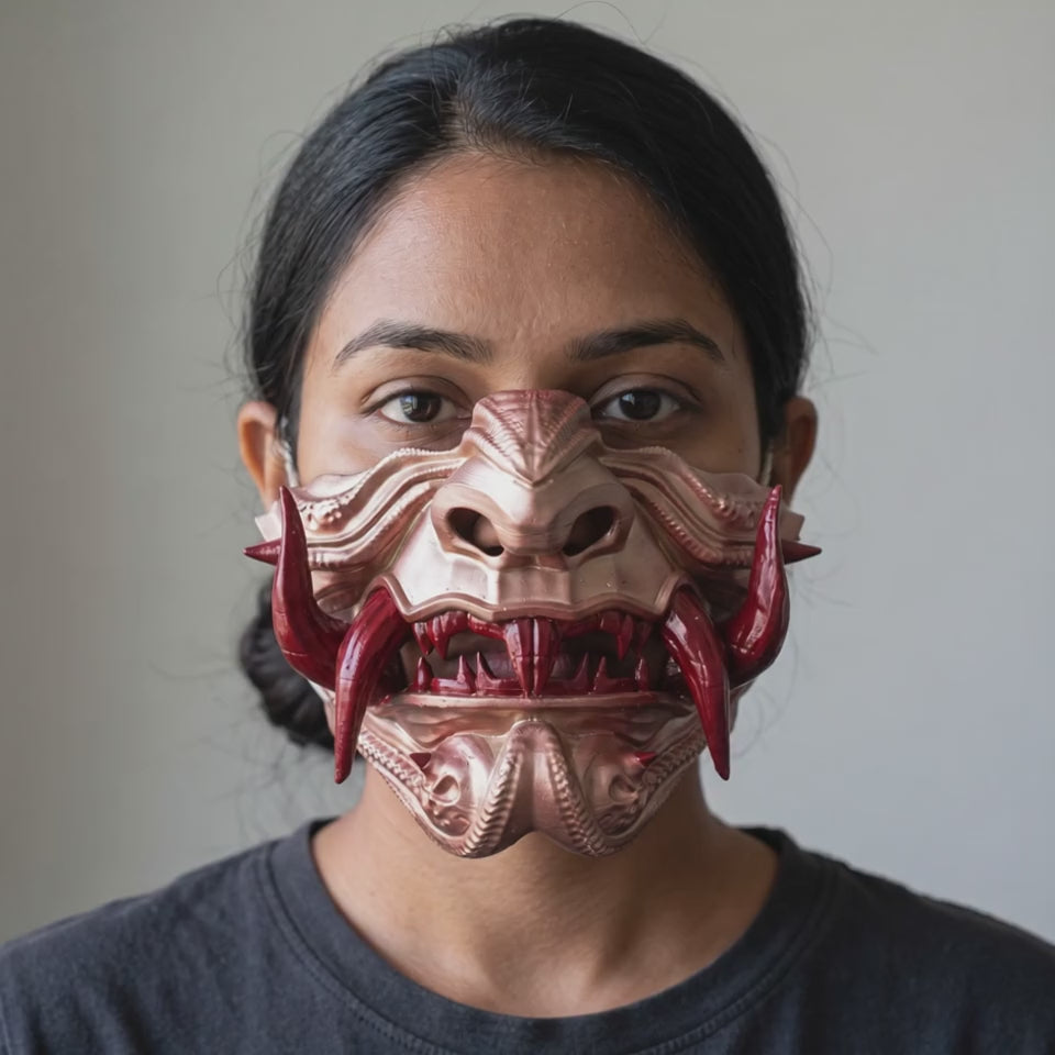 Samurai Oni Demon Mask - Rose Gold worn on a model