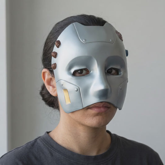 Cyborg Android Robot Mask - Matte Silver worn on a model