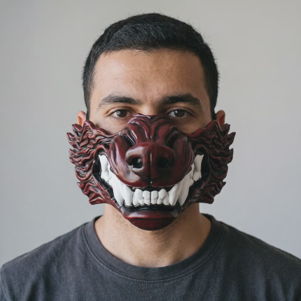Wolf Snarling Animal Face Mask - Black/Red worn on a model