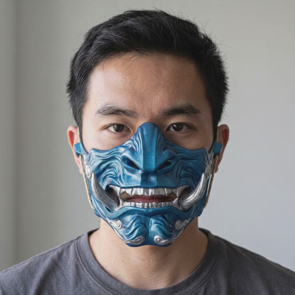 Demon Oni Mask - Metallic Blue worn on a model