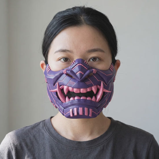 Cyber Oni Mask - Royal Purple / Pink worn on a model