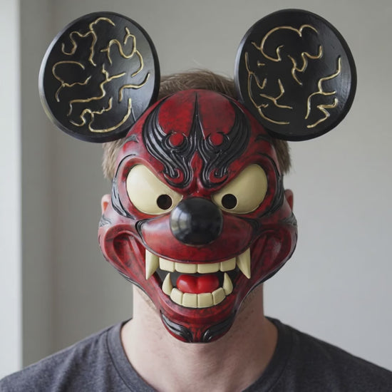 Demon Scary Face Mouse Mask - Red/Black worn on a model