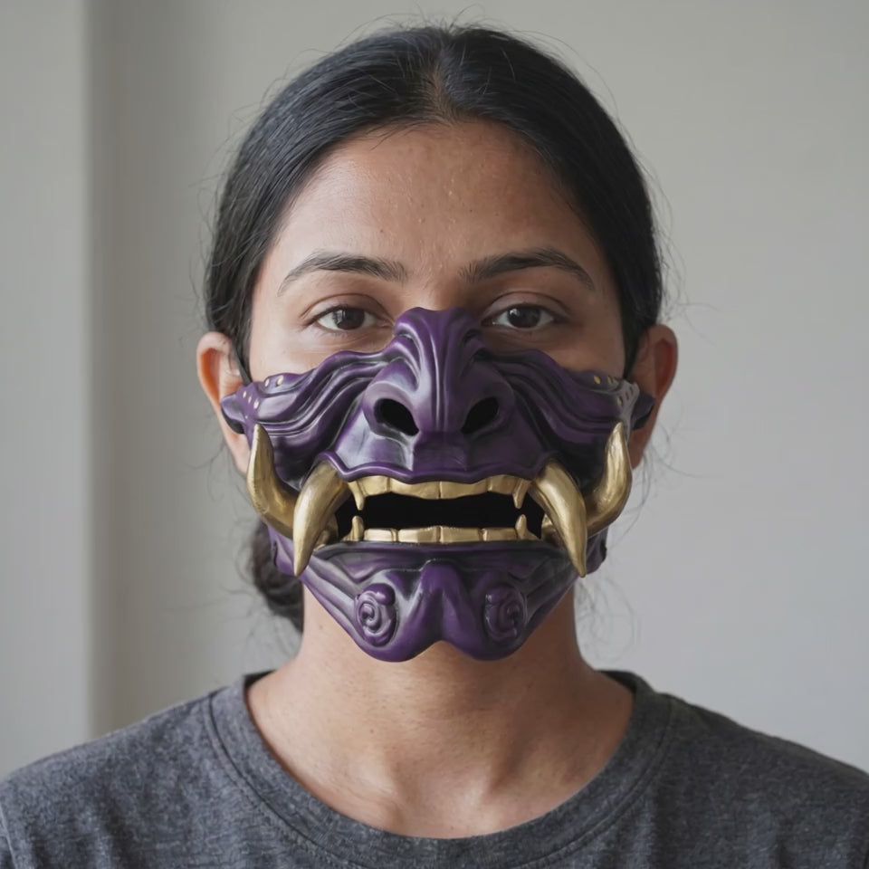 Samurai Oni Mask - Purple/Gold worn on a model