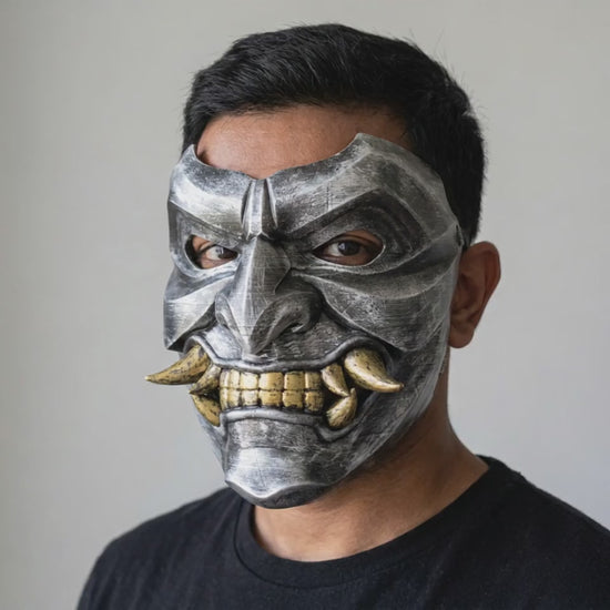 Kabuto Mask With Fangs Silver worn on a model