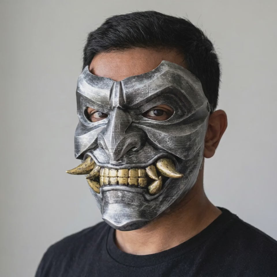 Kabuto Mask With Fangs Silver worn on a model