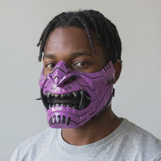 Cyber Oni Mask Purple worn on a model
