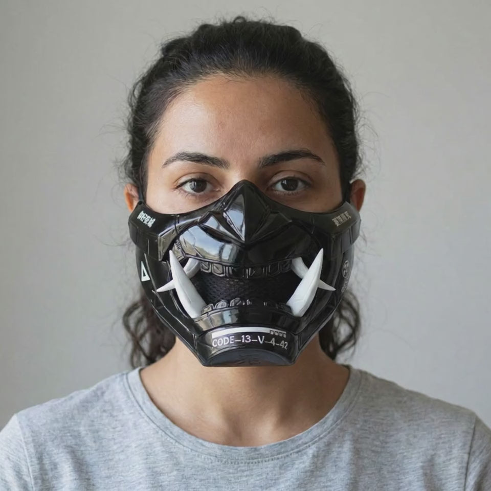 Cyberpunk Oni Mask Glossy Black worn on a model