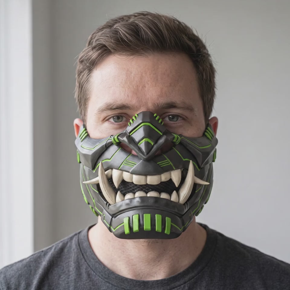 Cyber Oni Mask - Graphit / Infra Green / Bone worn on a model