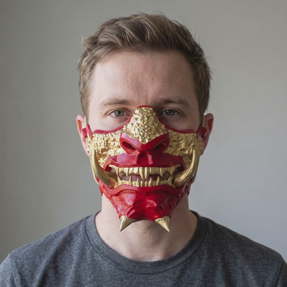 Japanese Oni Mask - Red worn on a model