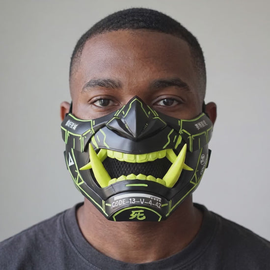 Cyberpunk Oni Mask - Matte Black/Neon Yellow Stripes worn on a model