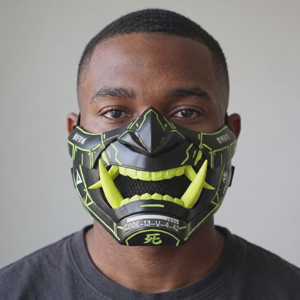 Cyberpunk Oni Mask - Matte Black/Neon Yellow Stripes worn on a model