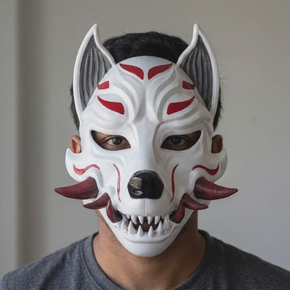 Kitsune Fox Mask With Fangs - Glossy White worn on a model