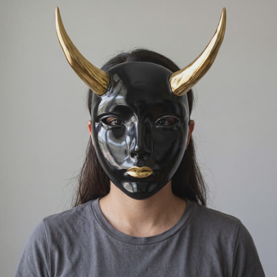 Geisha Japanese Mask With Horn - Glossy Black/Gold worn on a model