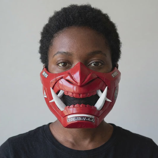 Cyberpunk Oni Mask Fire Red worn on a model