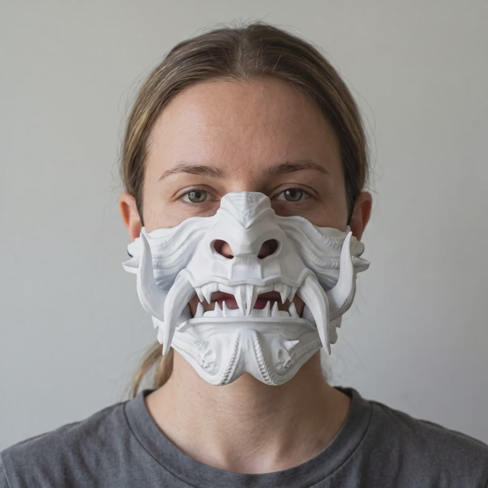 Samurai Oni Demon Mask - Full Matte White worn on a model