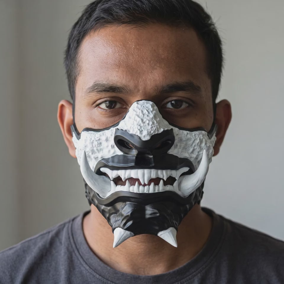 Japanese Oni Mask - Matte Black worn on a model