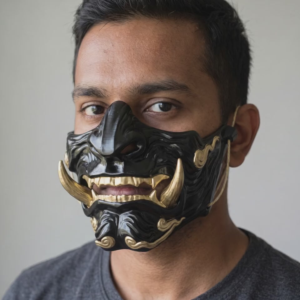 Demon Oni Mask - Black worn on a model