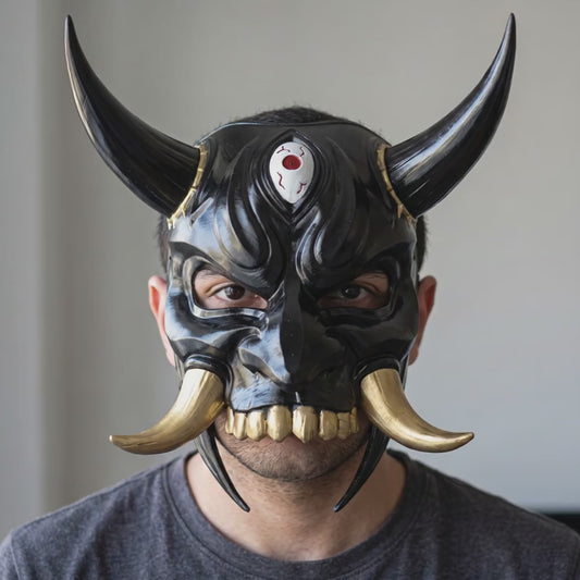 Japanese Oni Mask With Horn - Black/Gold worn on a model
