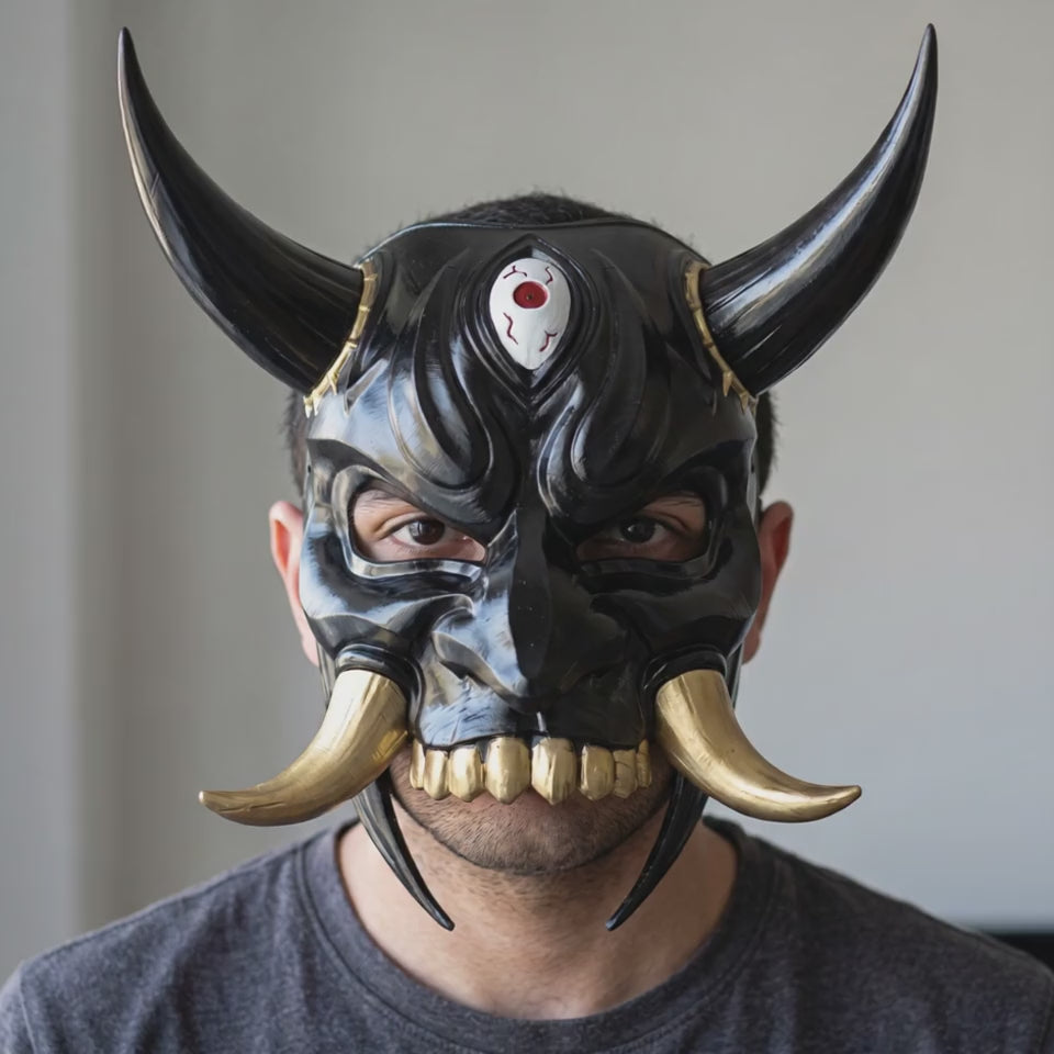 Japanese Oni Mask With Horn - Black/Gold worn on a model