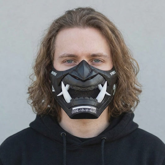 Cyberpunk Oni Mask Matte Black worn on a model (AI-generated video)