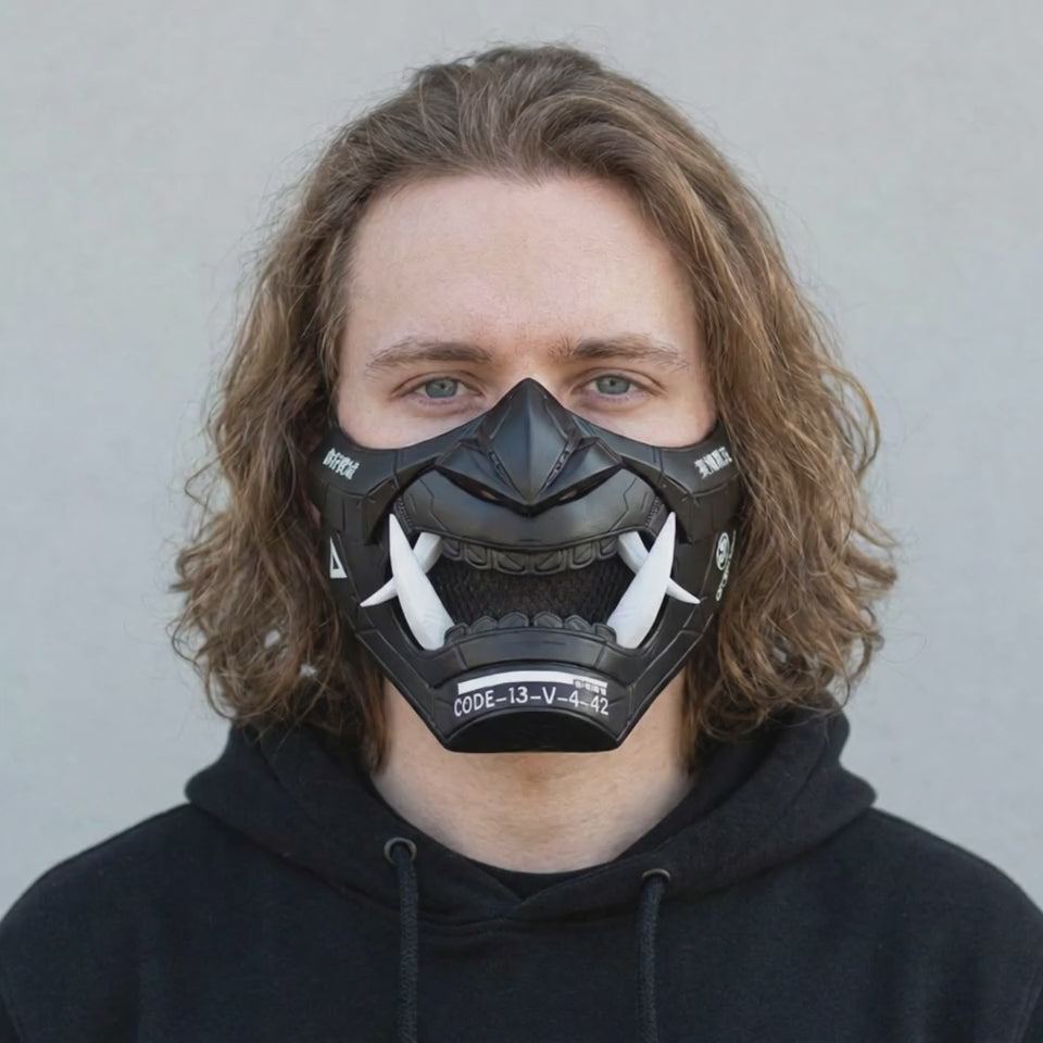 Cyberpunk Oni Mask Matte Black worn on a model