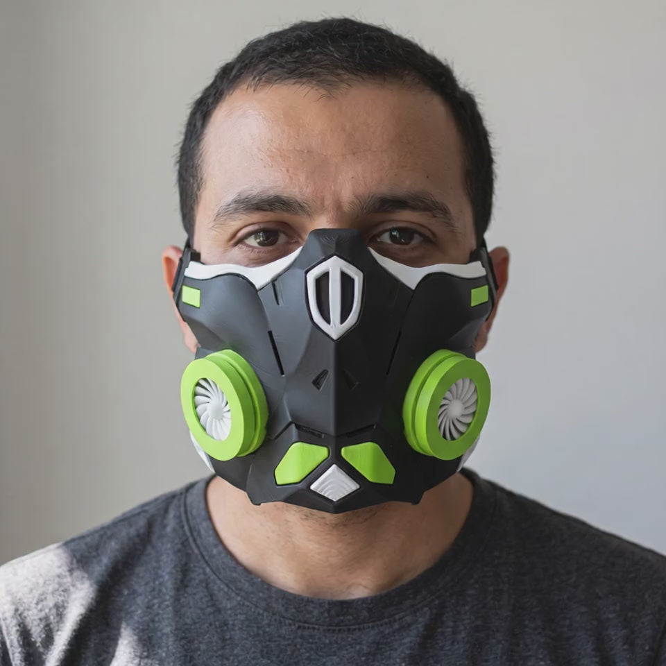 Cyber Ninja Cosplay Warrior Mask - Matte Black/Lime worn on a model