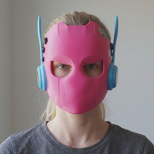 Cyborg Headphone Robot Mask - Pink worn on a model
