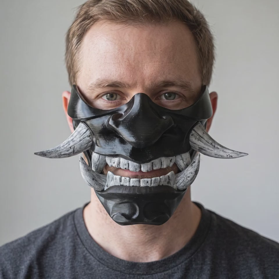 Hannya Oni Mask - Black worn on a model