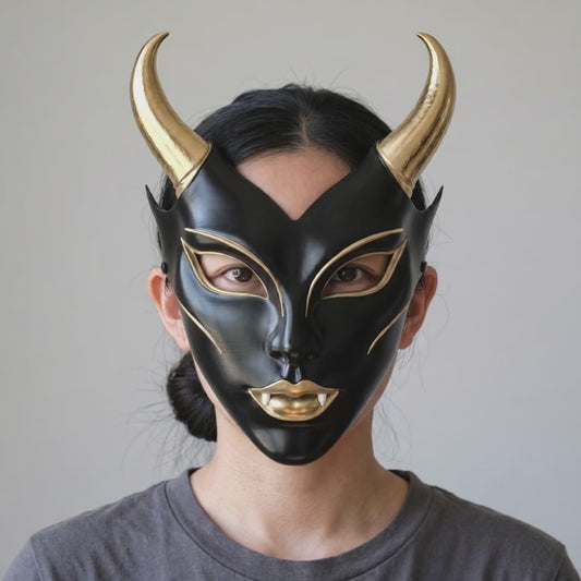 Horned Vampire Halloween Mask – Black/Gold worn on a model