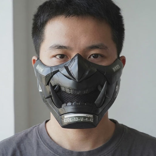 Cyberpunk Oni Mask - Full Matte Black worn on a model