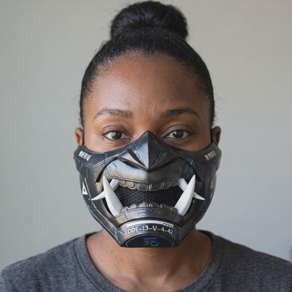 Cyberpunk Oni Mask - Metallic Black/Blue Stripes worn on a model