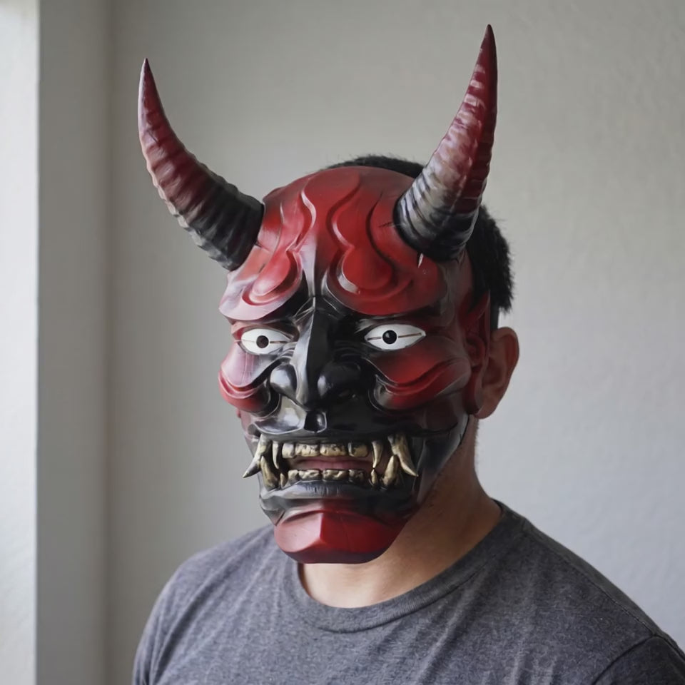Japanese Full Face Oni Mask - Black/Red worn on a model