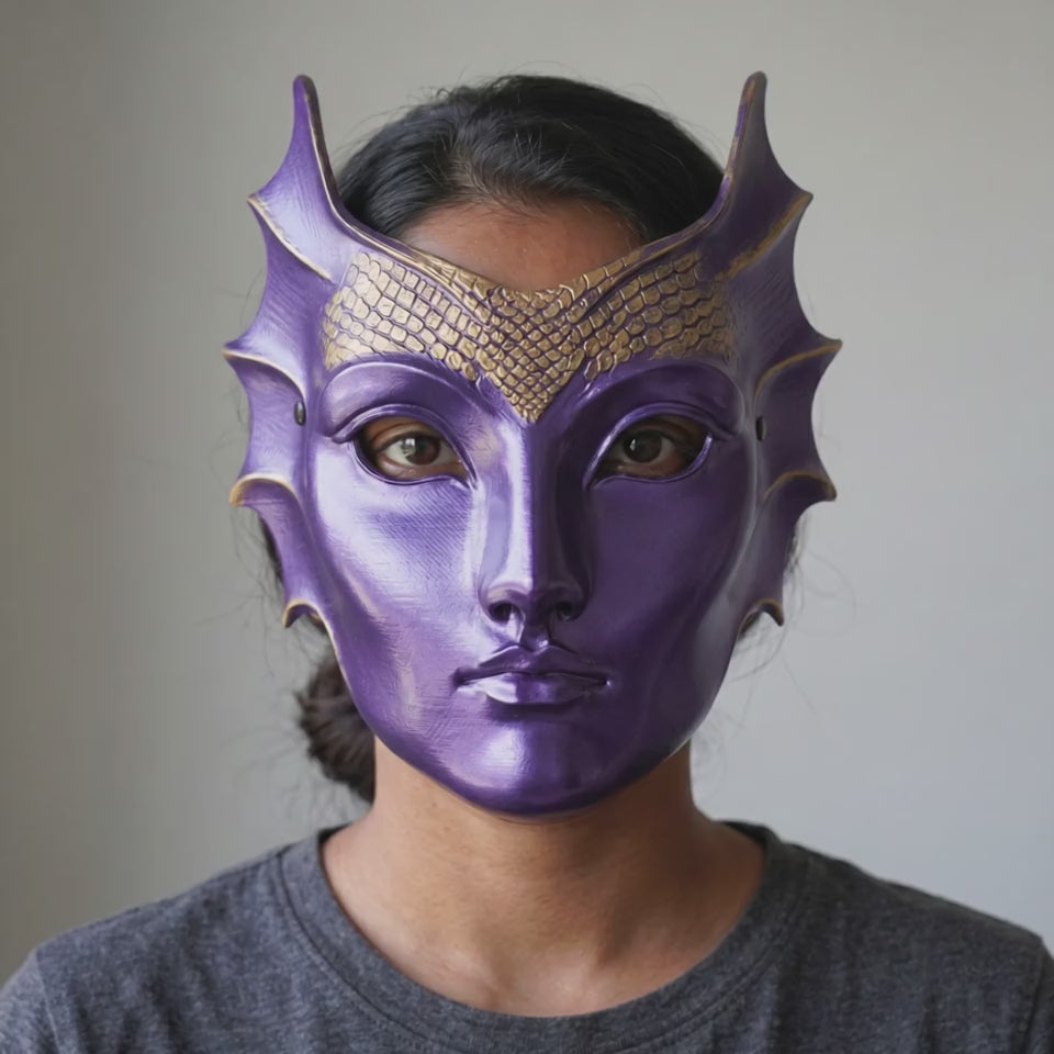 Mermaid Mask - Metallic Violet/Gold worn on a model
