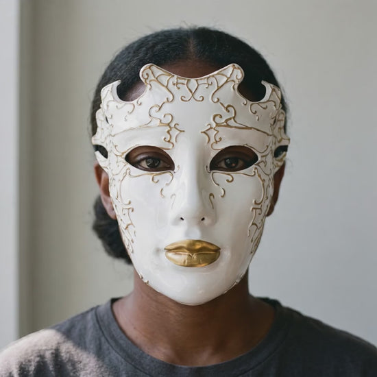 Venetian Italian Style Full Face Mask - White/Gold worn on a model