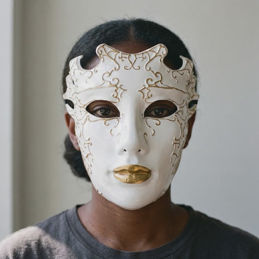 Venetian Italian Style Full Face Mask - White/Gold worn on a model