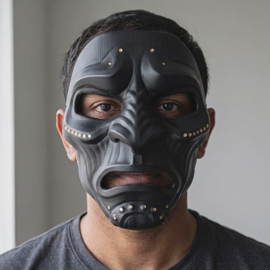 Studded Kabuto Mask - Matte Black worn on a model