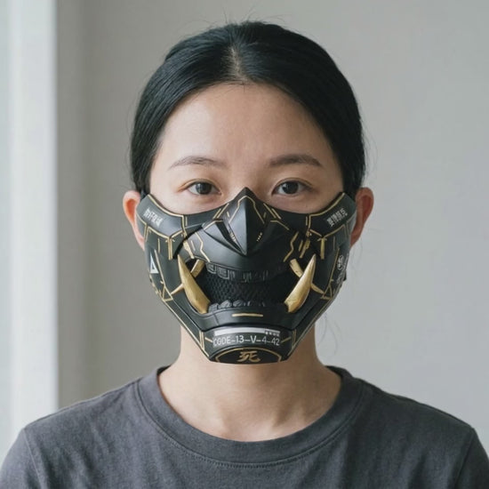 Cyberpunk Oni Mask - Matte Black/Gold Stripes worn on a model