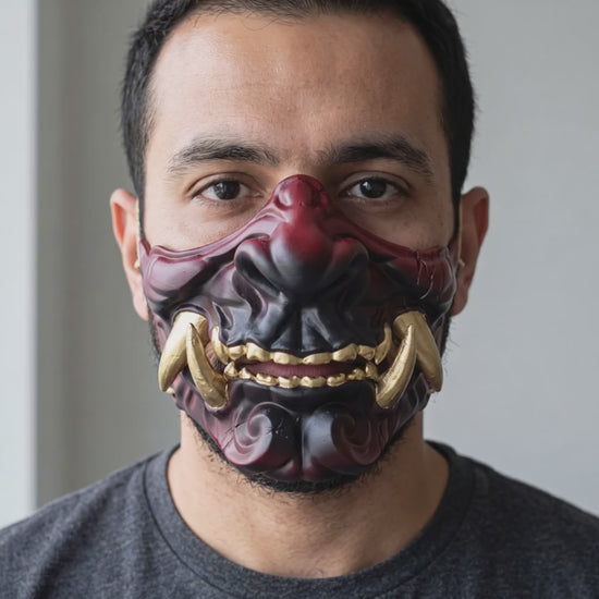 Warrior Oni Mask - Black/Red worn on a model