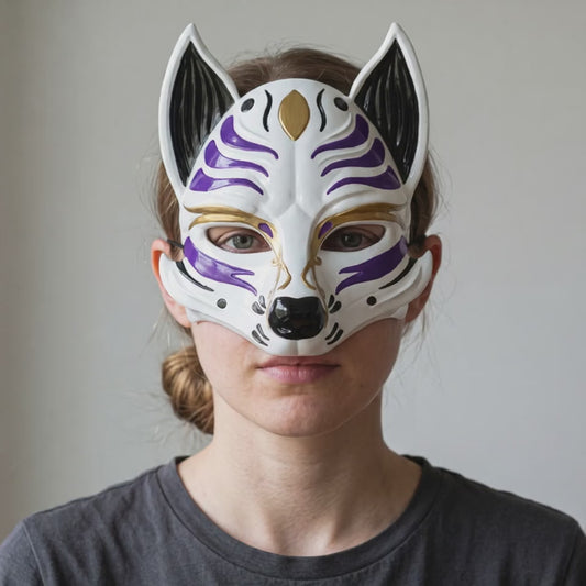 Kitsune Fox Mask - White / Royal Purple worn on a model