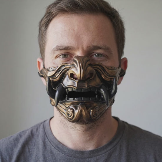 Samurai Oni Mask - Bronze/Black worn on a model