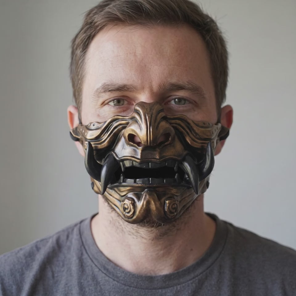 Samurai Oni Mask - Bronze/Black worn on a model