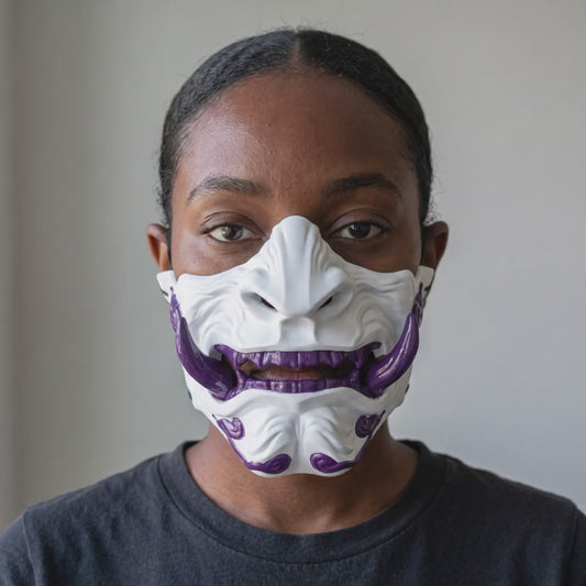 Demon Oni Mask - White/Purple worn on a model