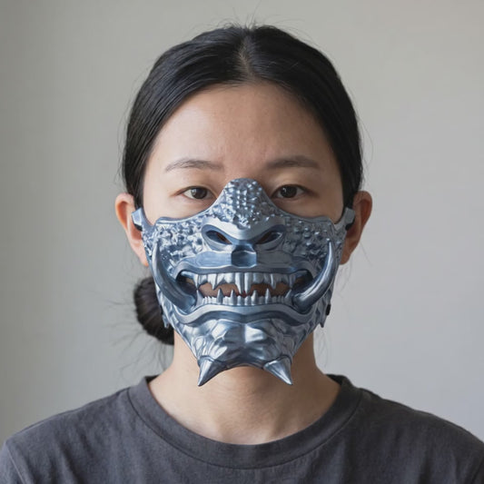 Japanese Oni Mask - Metallic Ice Blue worn on a model