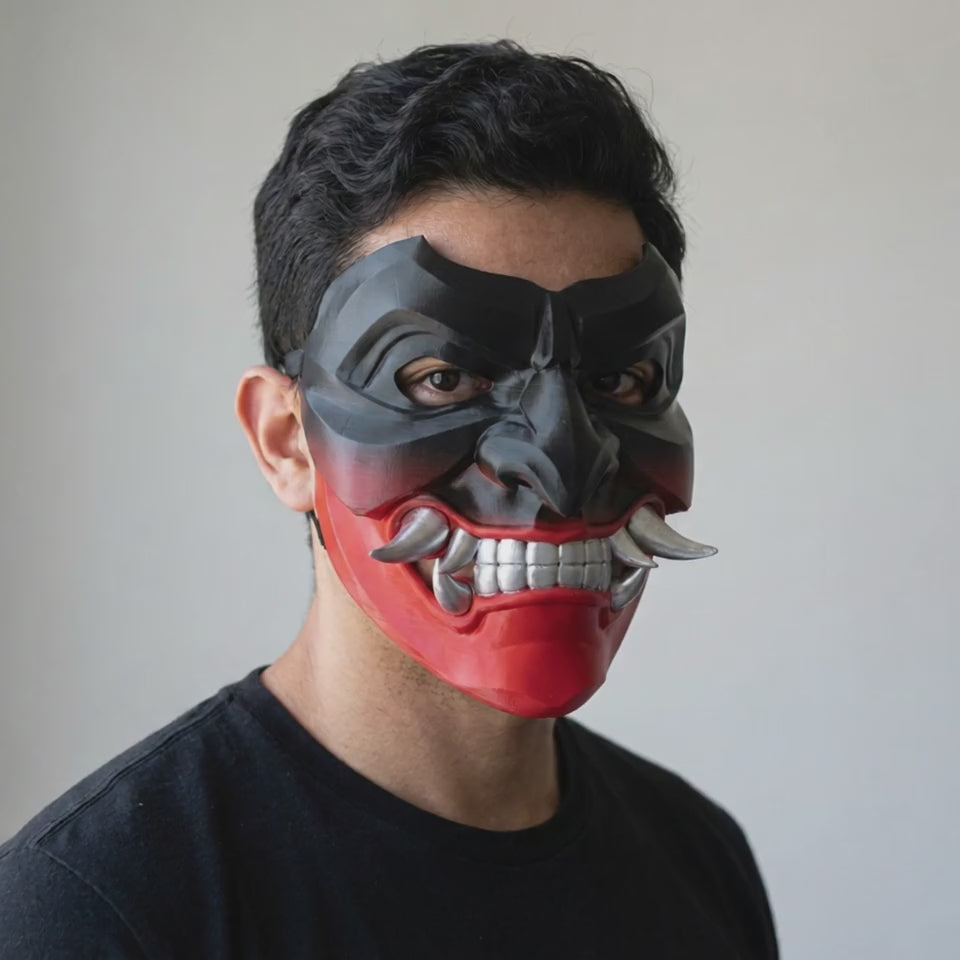 Kabuto Mask With Fangs Black Red worn on a model