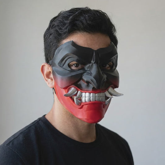 Kabuto Mask With Fangs Black Red worn on a model